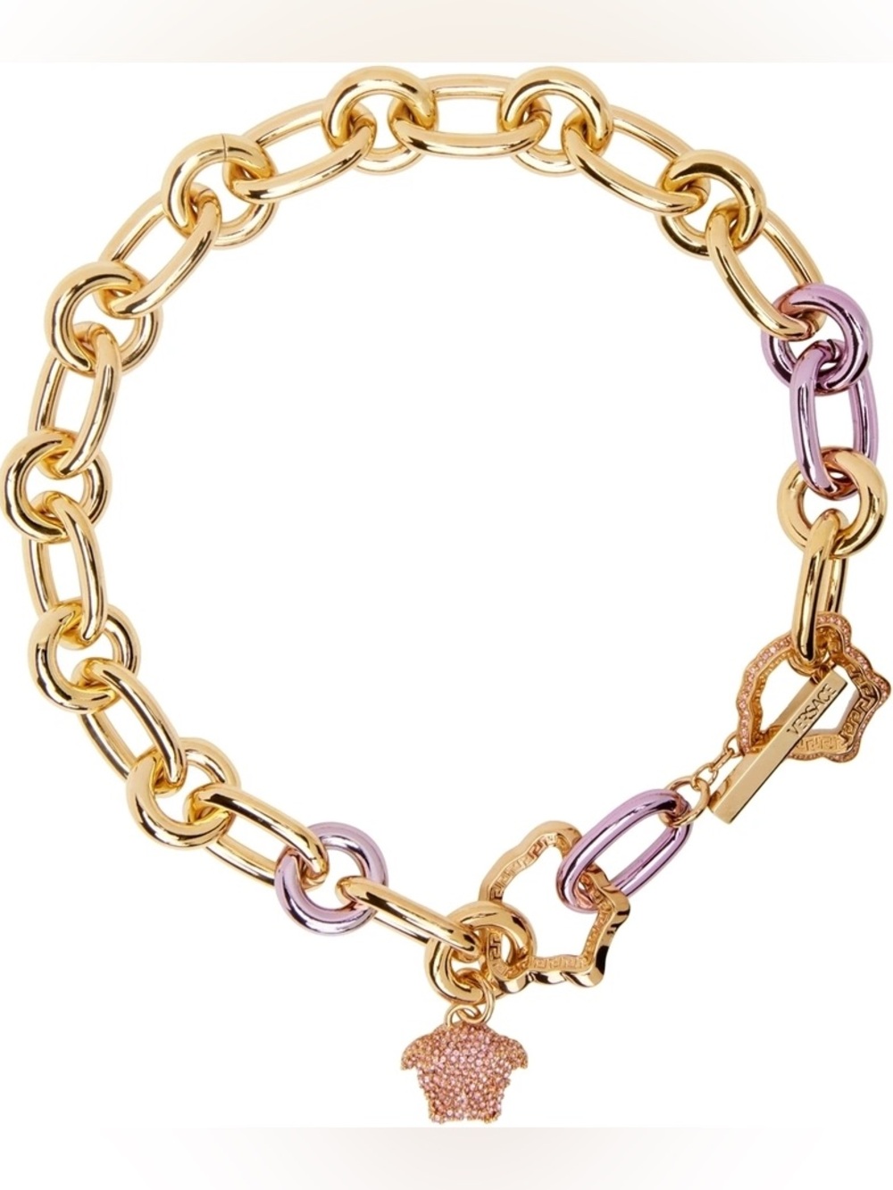 Versace Gold and Rose-Tone Link Necklace with Crystal Medusa Charm